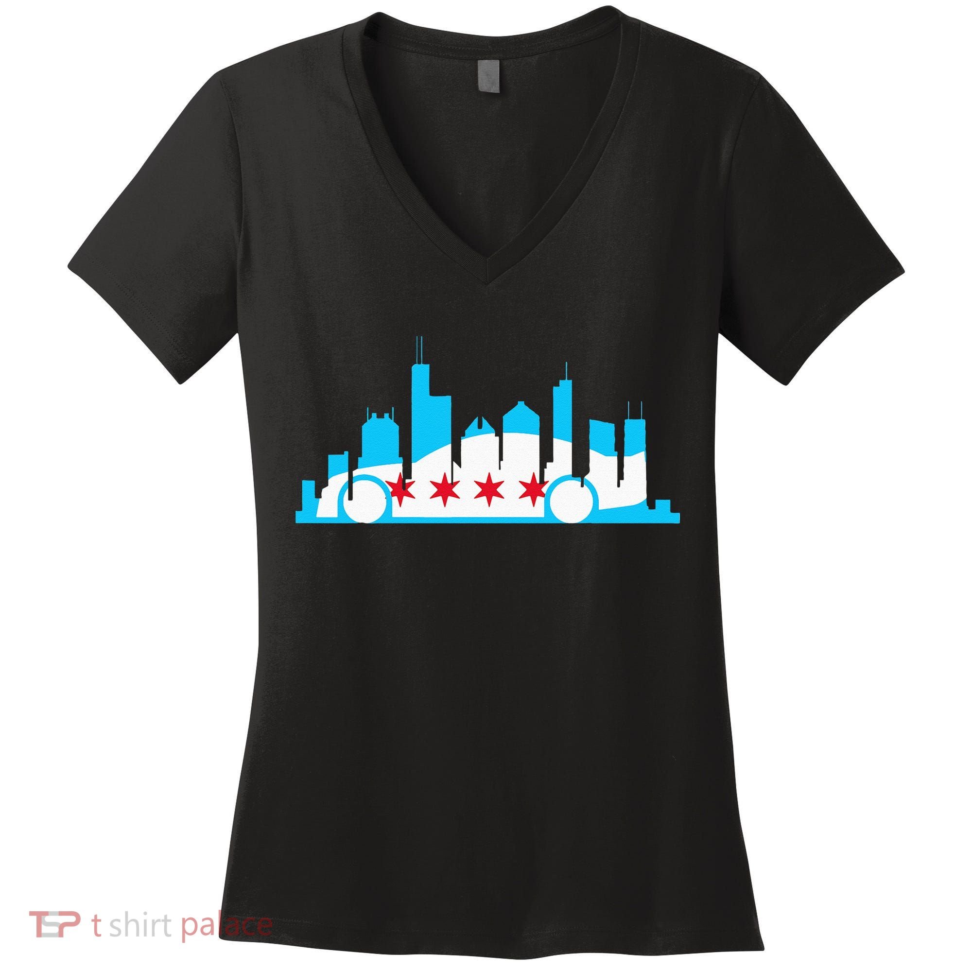 Chicago Skyline Race Car Chicago Flag Women's V-Neck T-Shirt