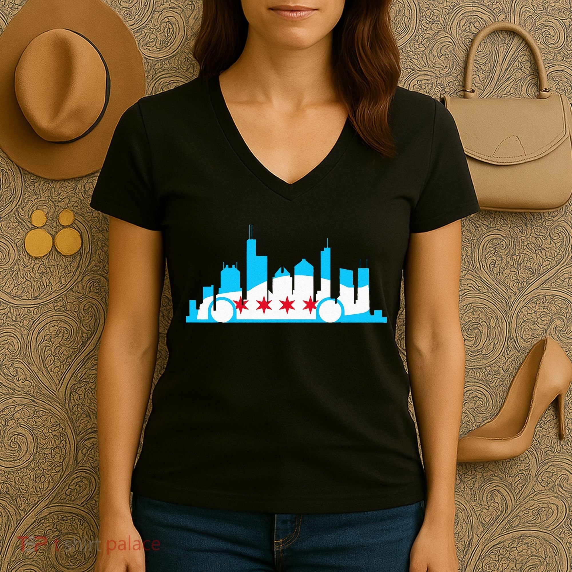 Chicago Skyline Race Car Chicago Flag Women's V-Neck T-Shirt