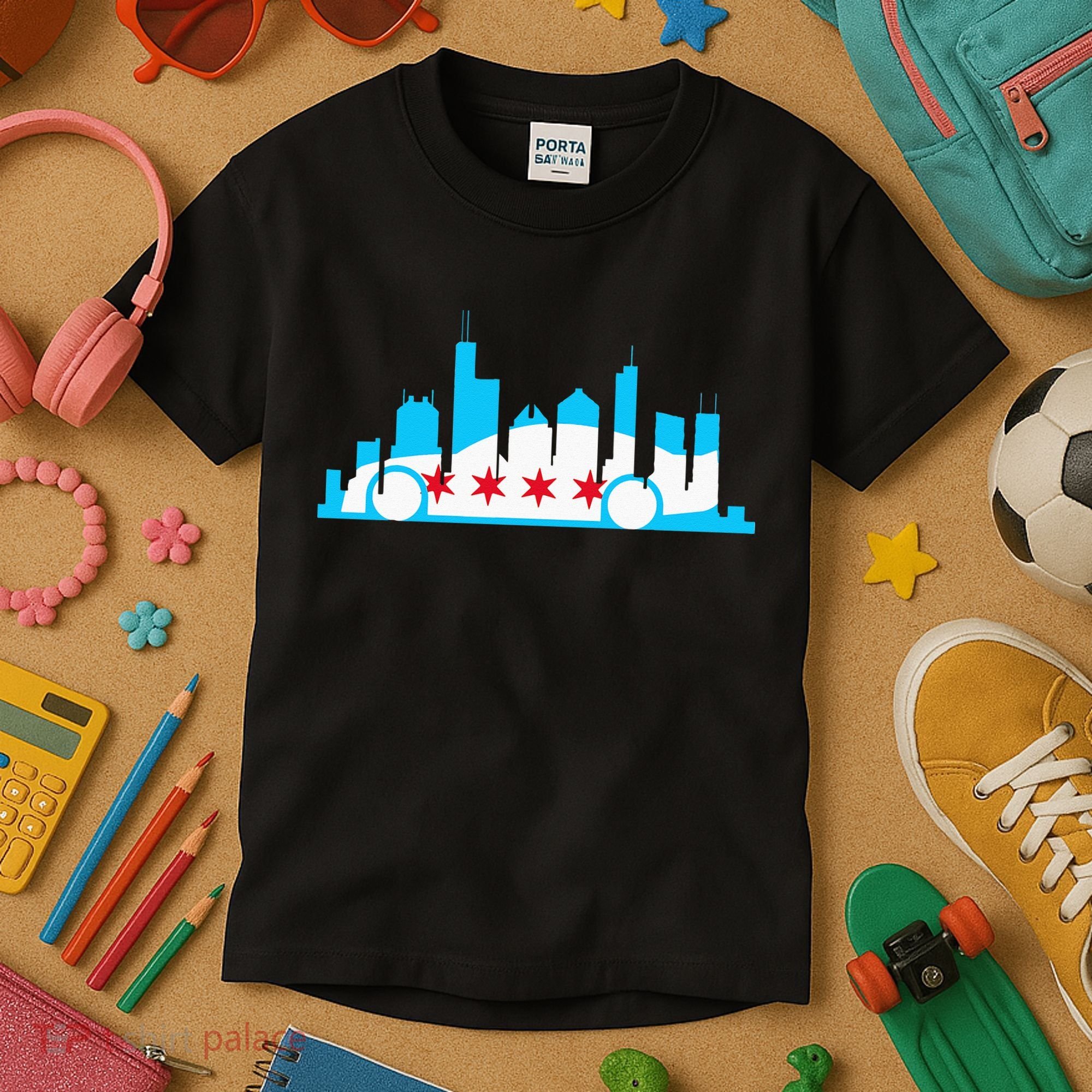 Chicago Skyline Race Car Chicago Flag Kids T-Shirt