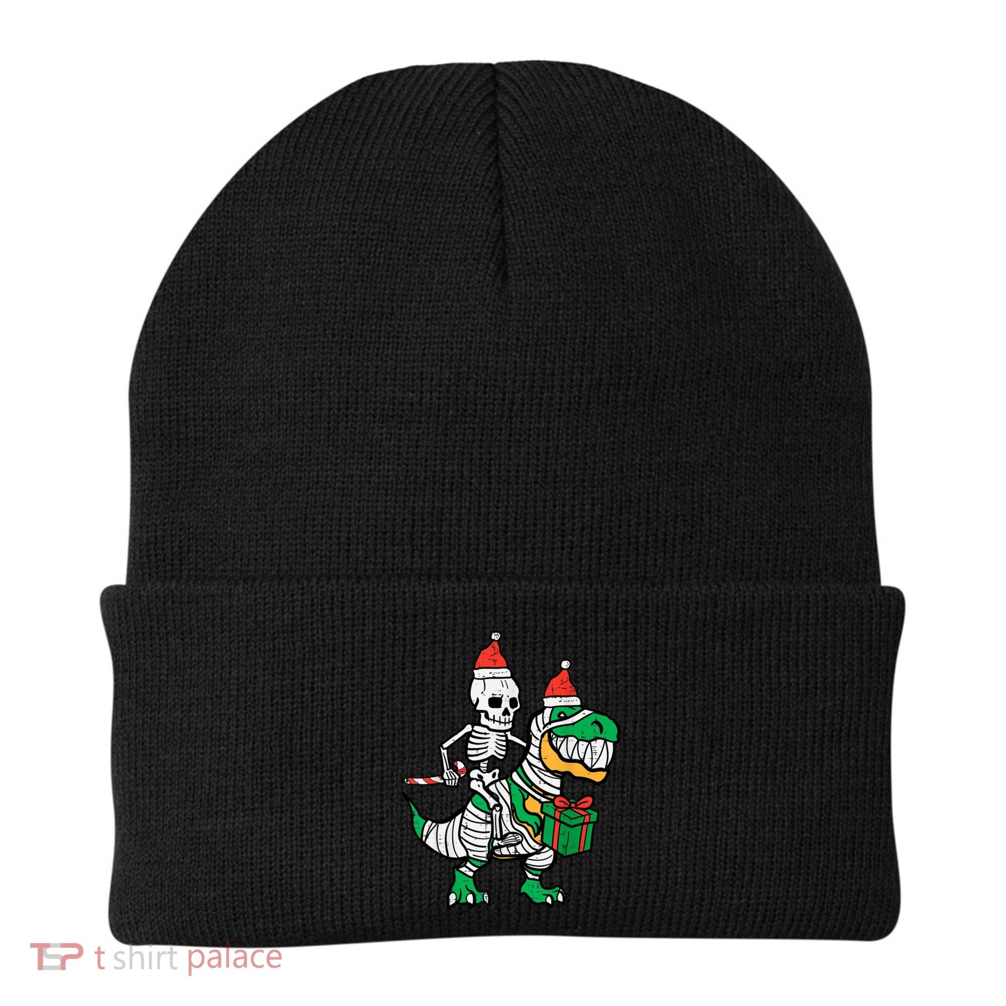 Christmas Skeleton Riding T Rex Santa Xmas Dino Gift Beanie