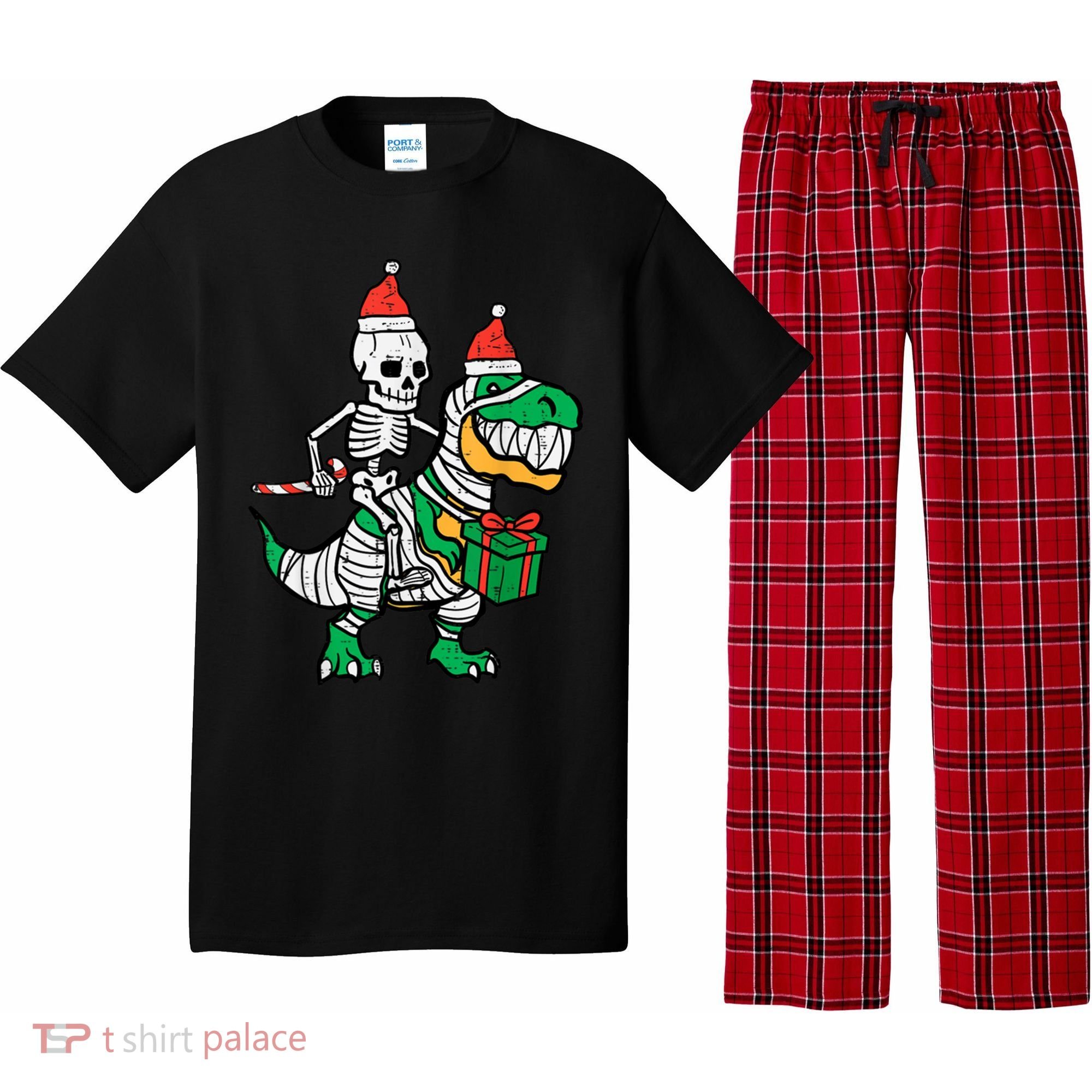 Christmas Skeleton Riding T Rex Santa Xmas Dino Gift Pajama Set
