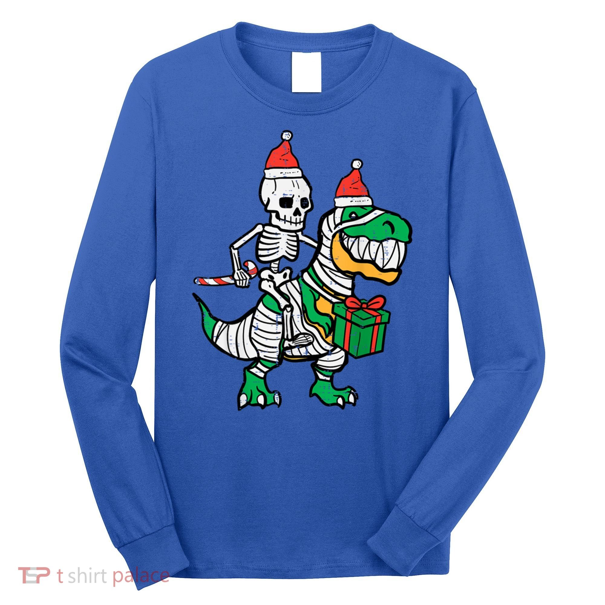 Christmas Skeleton Riding T Rex Santa Xmas Dino Gift Long Sleeve Shirt