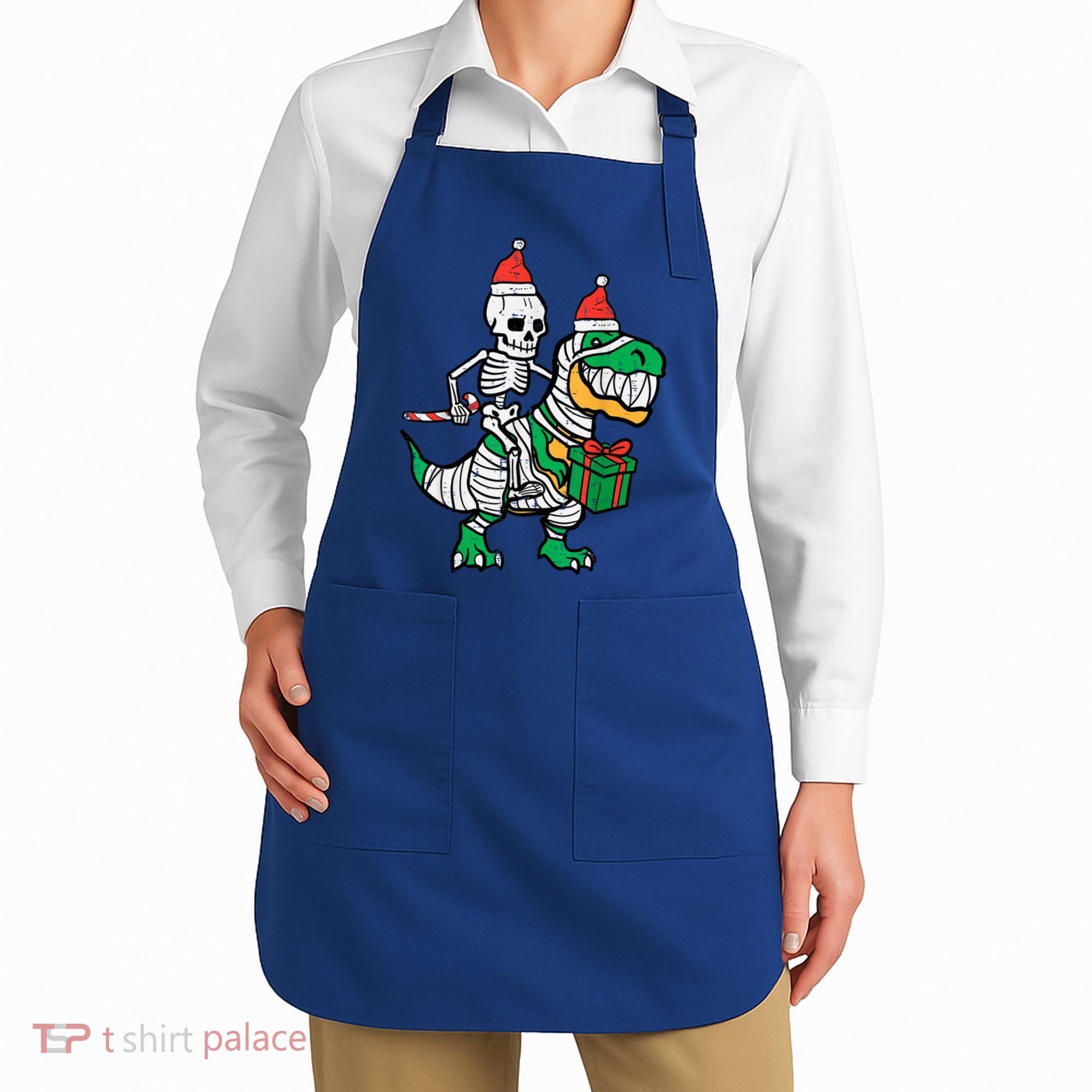 Christmas Skeleton Riding T Rex Santa Xmas Dino Gift Apron