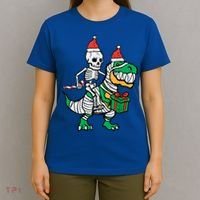 Christmas Skeleton Riding T Rex Santa Xmas Dino Gift T-Shirt thumb 4