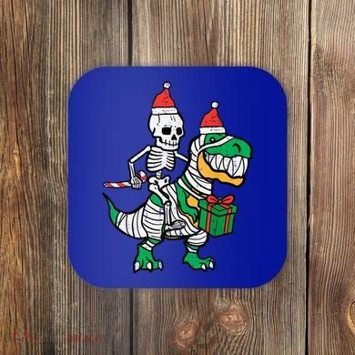 Christmas Skeleton Riding T Rex Santa Xmas Dino Gift Coaster
