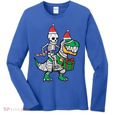 Christmas Skeleton Riding T Rex Santa Xmas Dino Gift Women's Long Sleeve Shirt