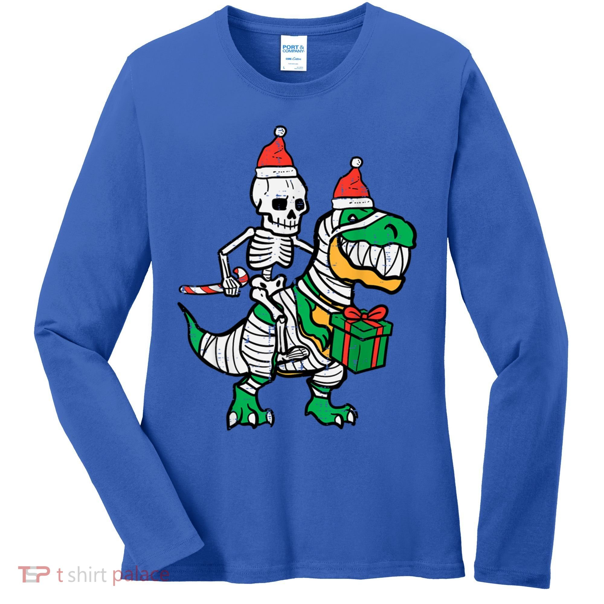 Christmas Skeleton Riding T Rex Santa Xmas Dino Gift Women's Long Sleeve Shirt