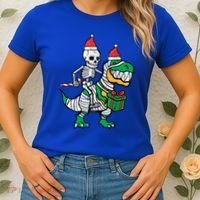 Christmas Skeleton Riding T Rex Santa Xmas Dino Gift Women's T-Shirt thumb 2