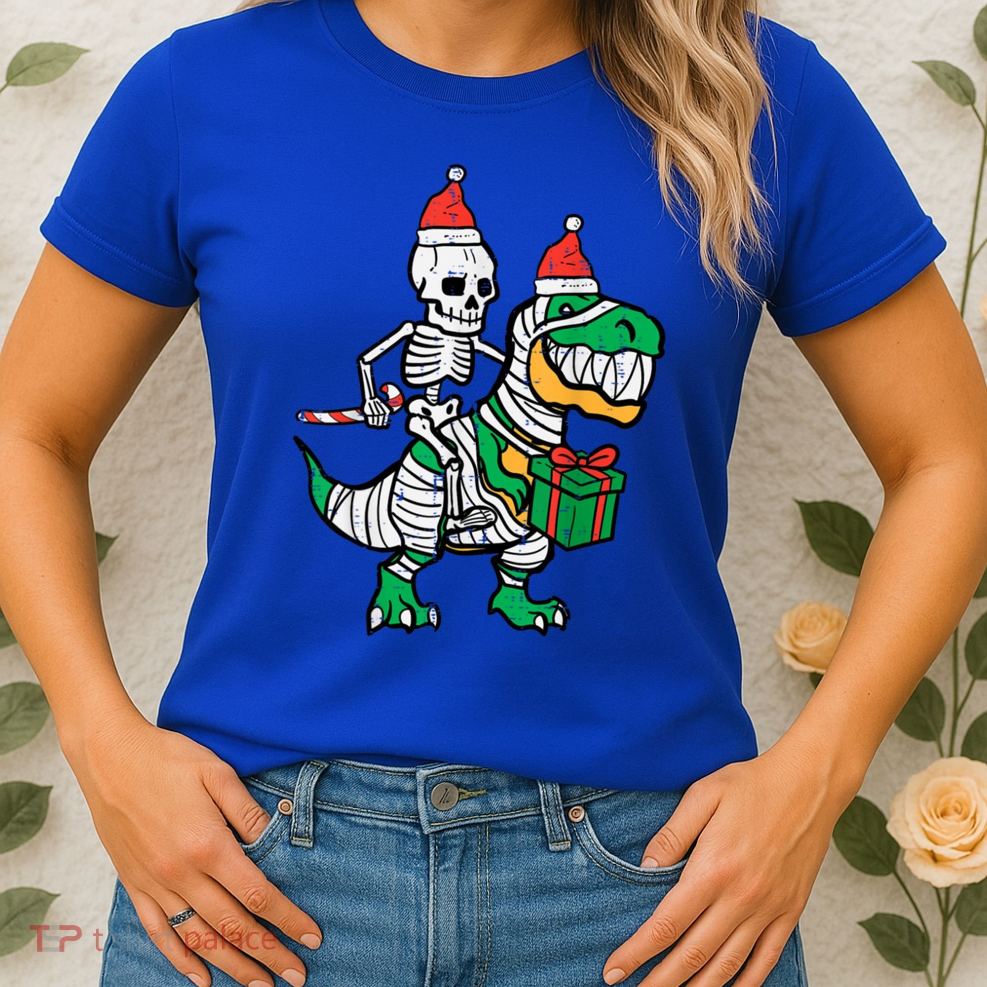Christmas Skeleton Riding T Rex Santa Xmas Dino Gift Women's T-Shirt