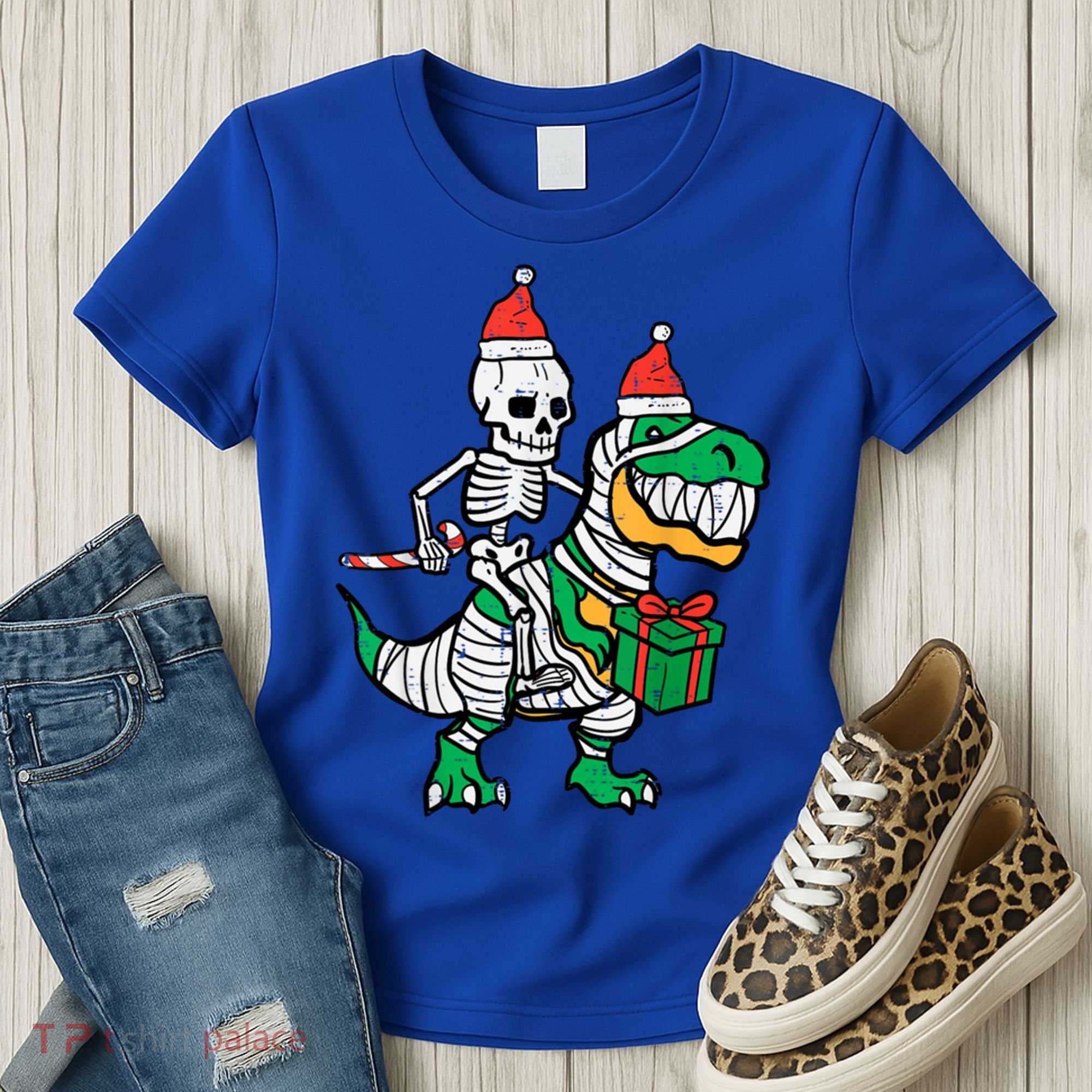 Christmas Skeleton Riding T Rex Santa Xmas Dino Gift Women's T-Shirt