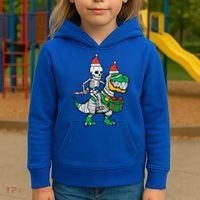 Christmas Skeleton Riding T Rex Santa Xmas Dino Gift Kids Hoodie thumb 3