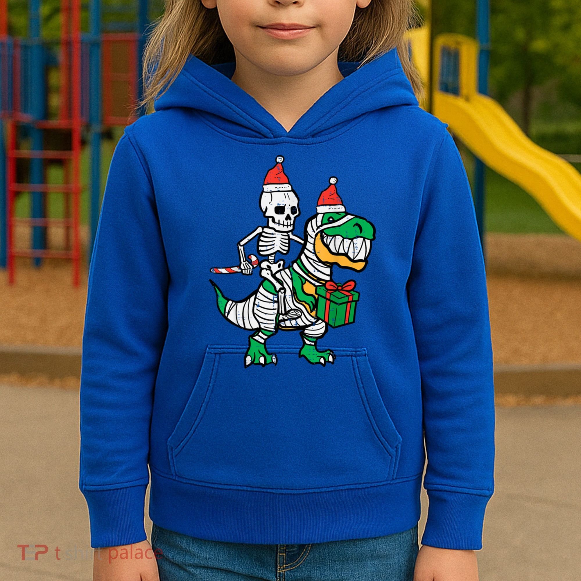 Christmas Skeleton Riding T Rex Santa Xmas Dino Gift Kids Hoodie