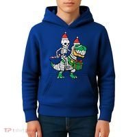 Christmas Skeleton Riding T Rex Santa Xmas Dino Gift Kids Hoodie thumb 4