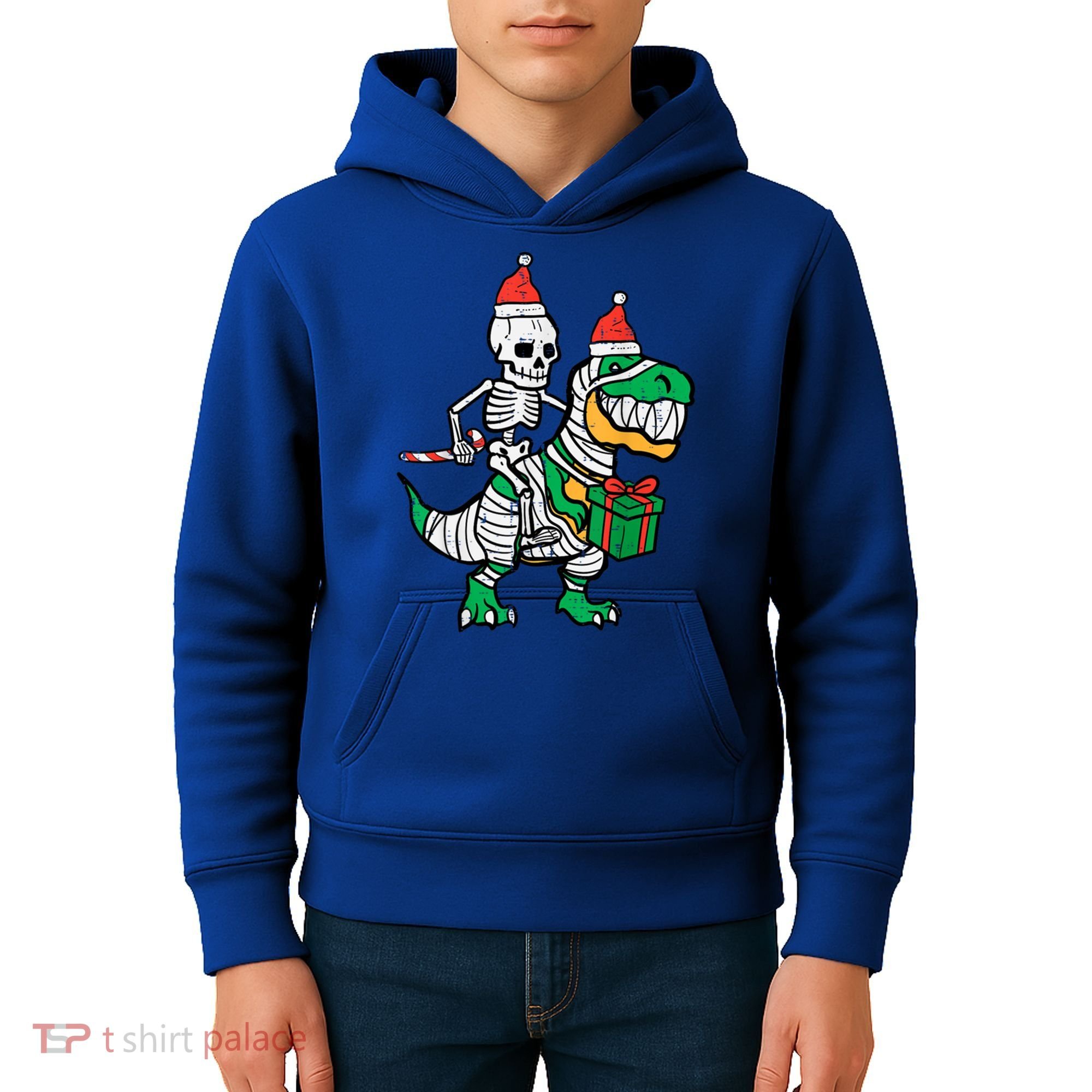 Christmas Skeleton Riding T Rex Santa Xmas Dino Gift Kids Hoodie