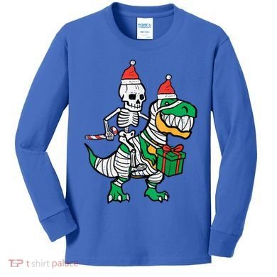 Christmas Skeleton Riding T Rex Santa Xmas Dino Gift Kids Long Sleeve Shirt