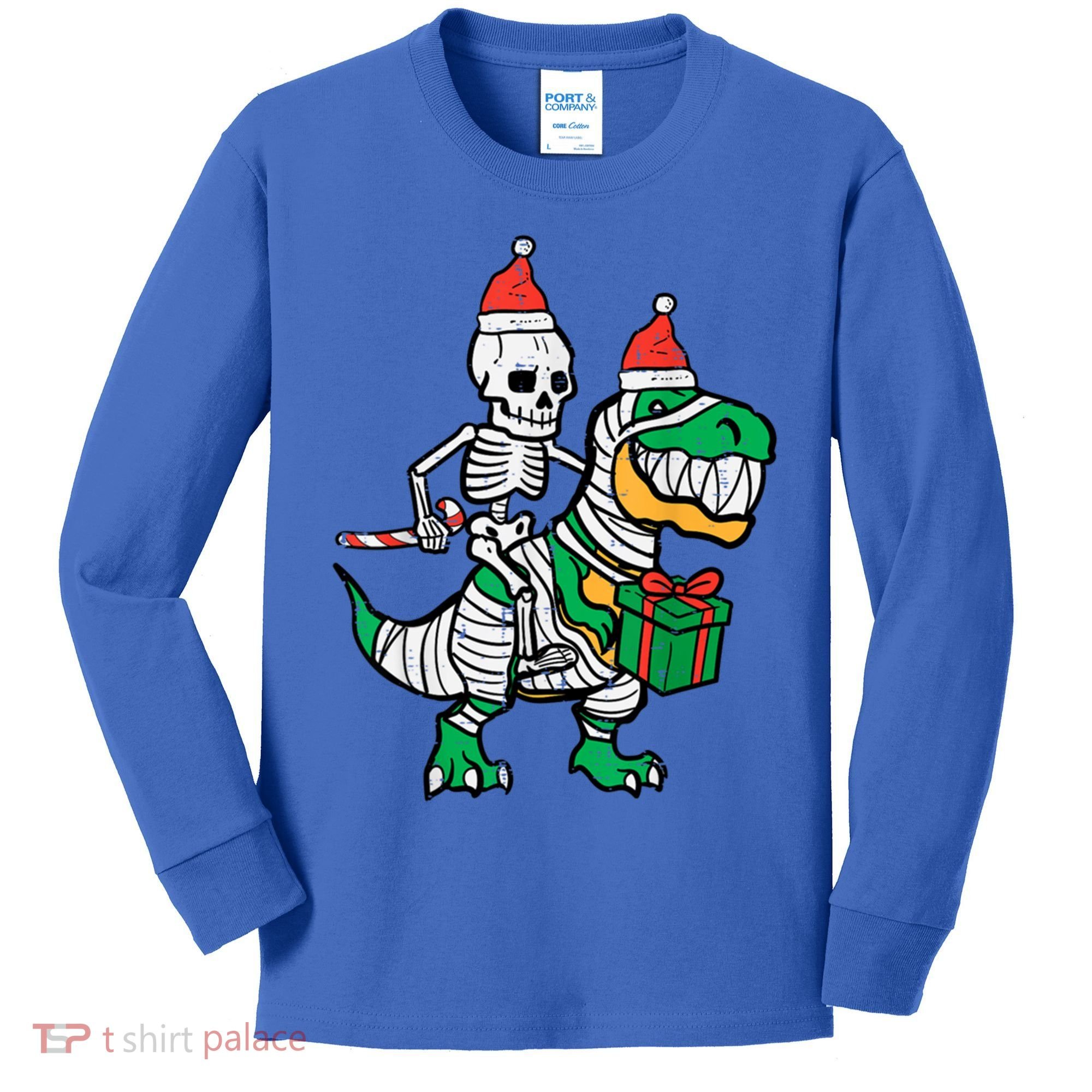 Christmas Skeleton Riding T Rex Santa Xmas Dino Gift Kids Long Sleeve Shirt
