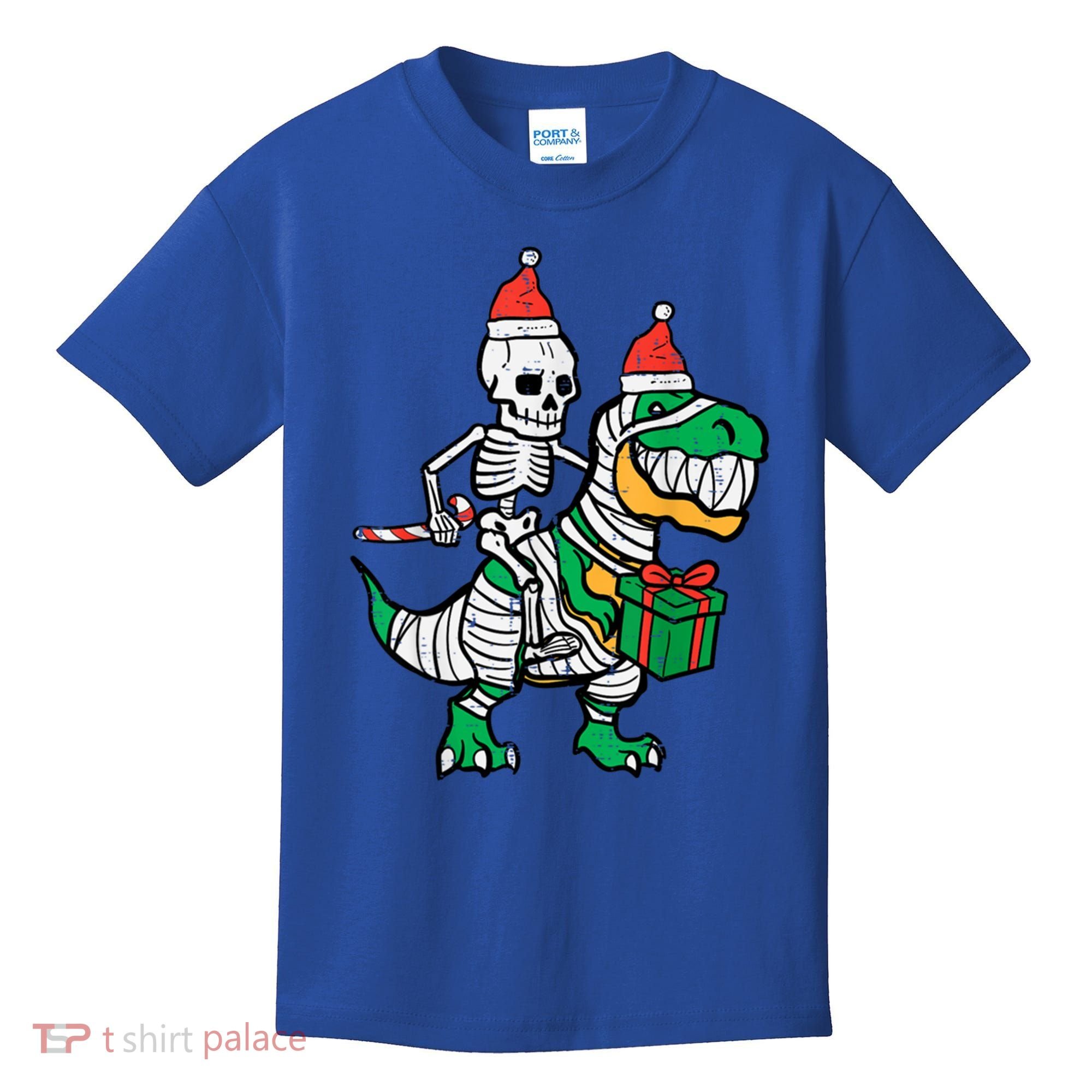 Christmas Skeleton Riding T Rex Santa Xmas Dino Gift Kids T-Shirt