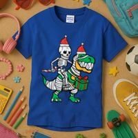 Christmas Skeleton Riding T Rex Santa Xmas Dino Gift Kids T-Shirt thumb 3