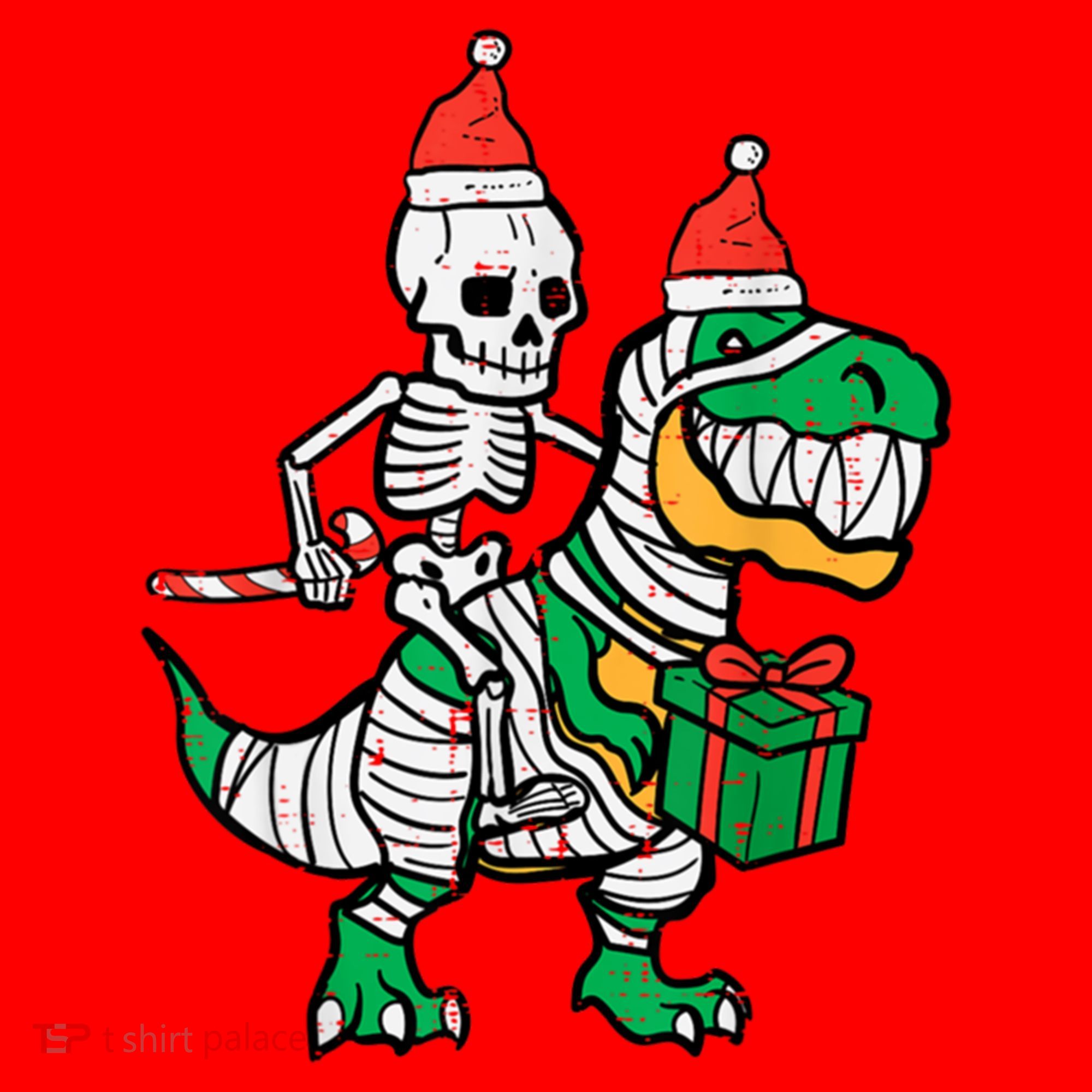 Christmas Skeleton Riding T Rex Santa Xmas Dino Gift Santa Hat