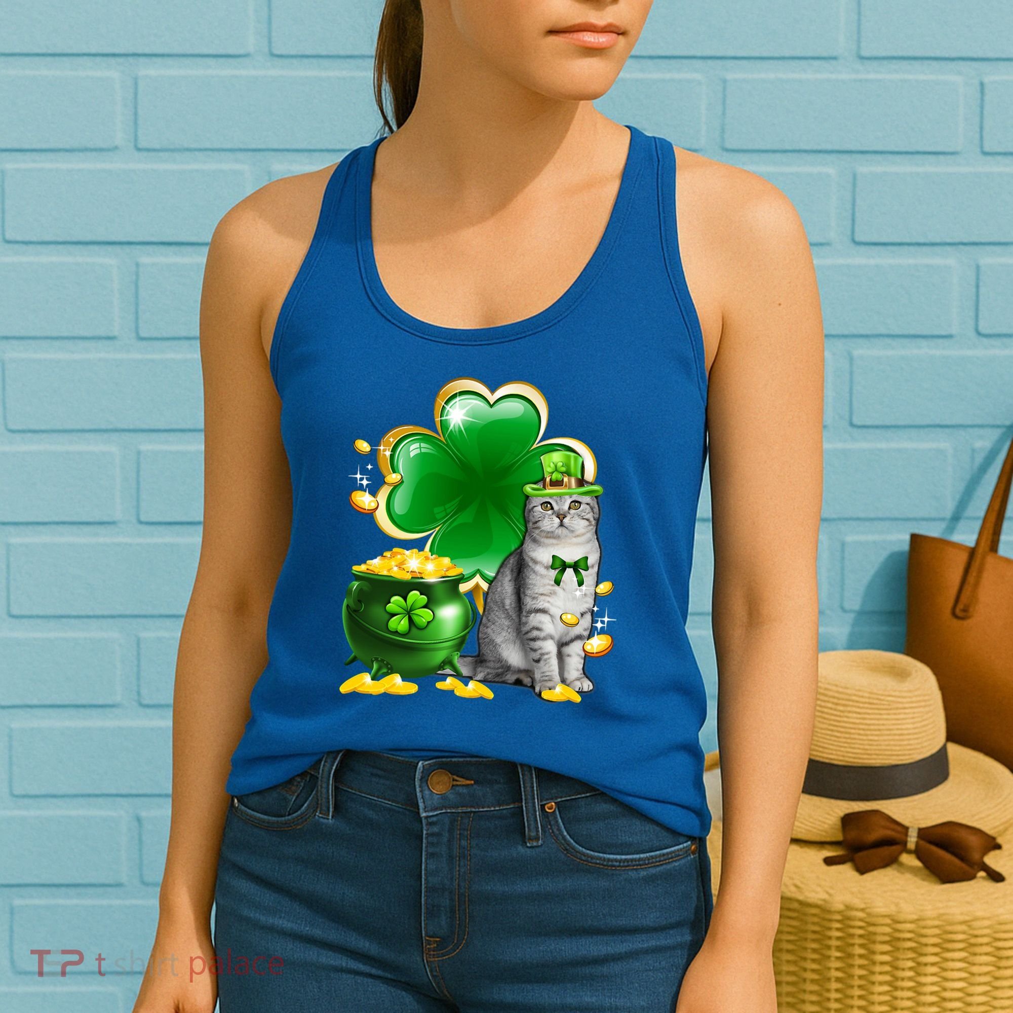 Cat Shamrock St Patricks Day Cat Irish Gift Cute Gift Women's Tank Top