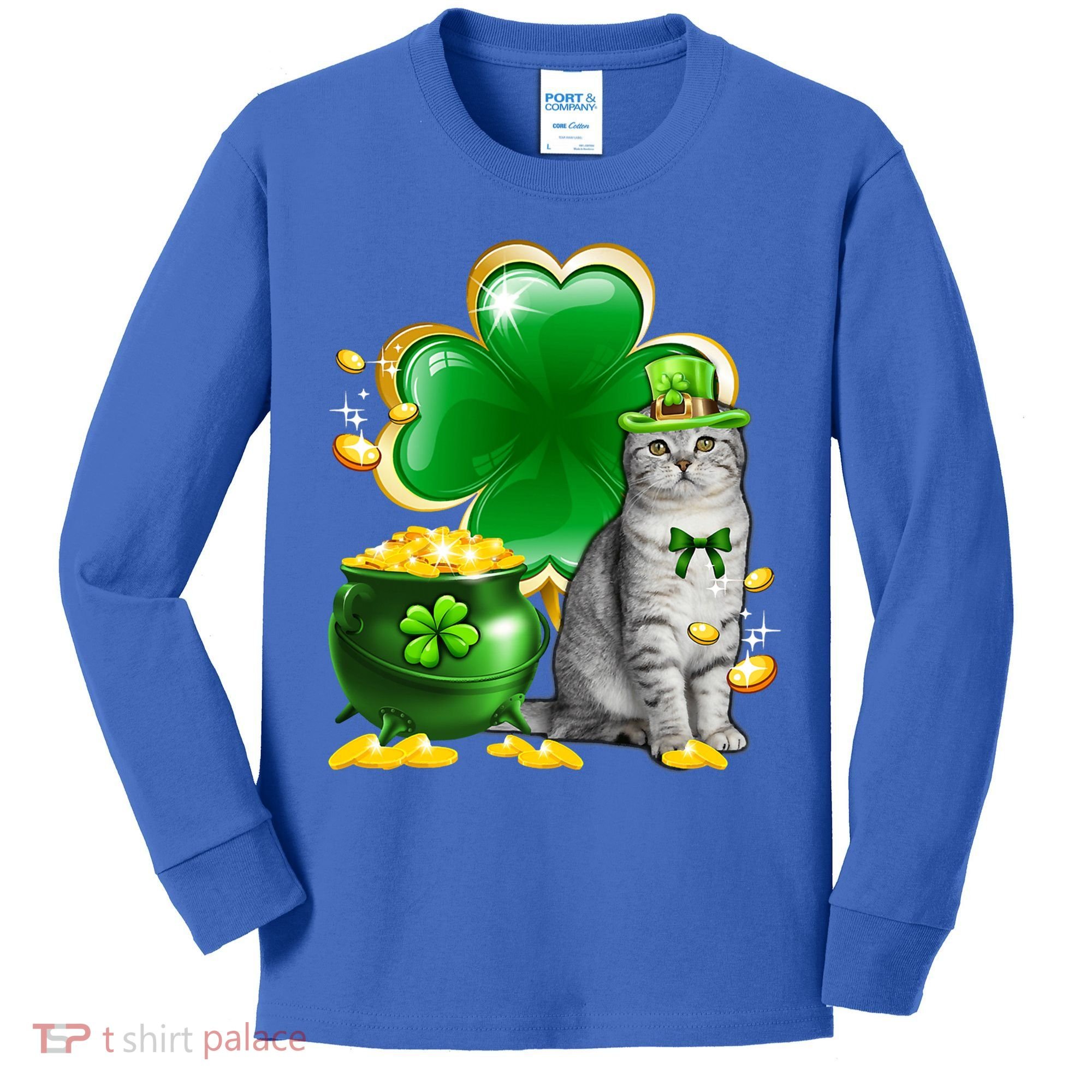 Cat Shamrock St Patricks Day Cat Irish Gift Cute Gift Kids Long Sleeve Shirt