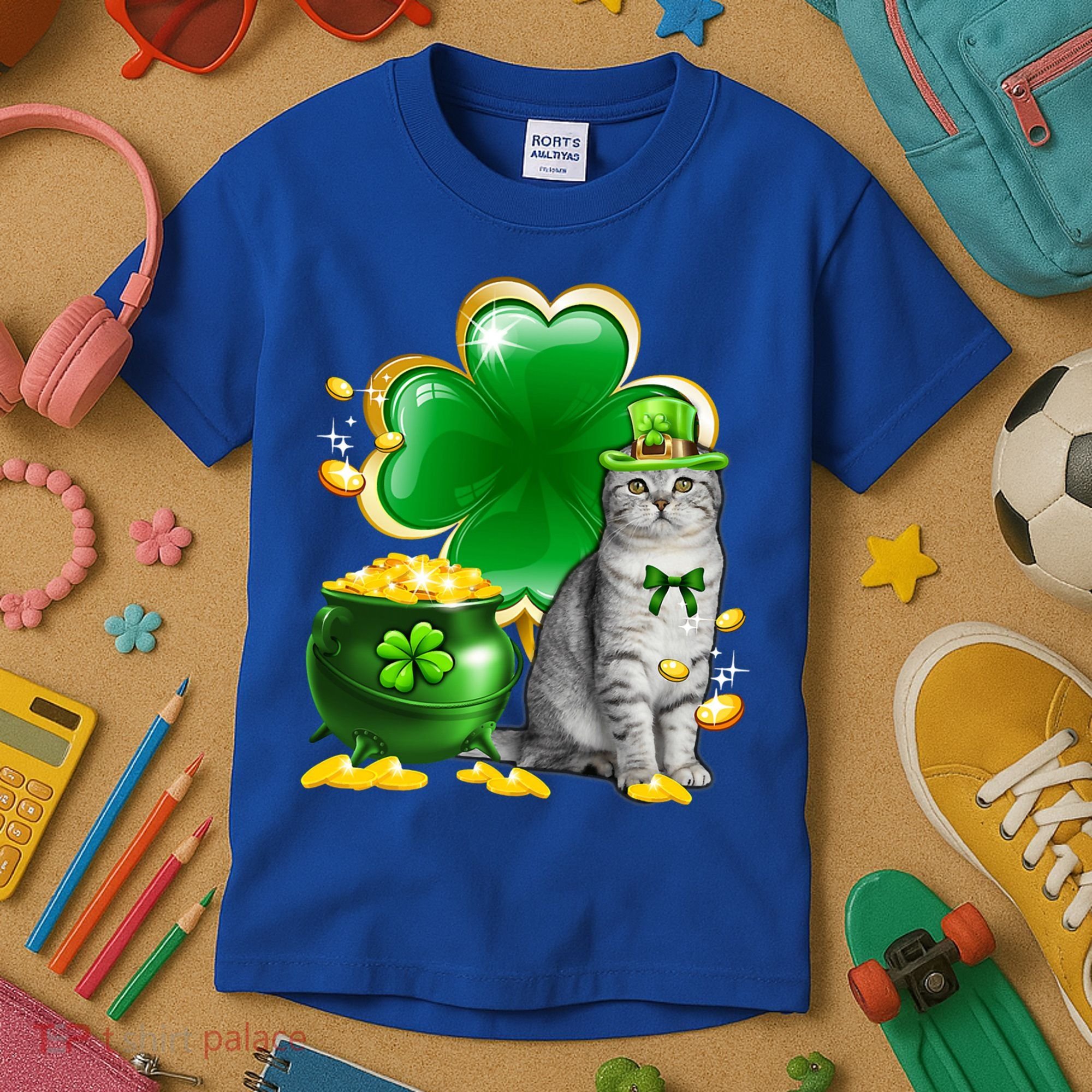 Cat Shamrock St Patricks Day Cat Irish Gift Cute Gift Kids T-Shirt