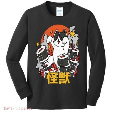 Catzilla Sunset Sushi Cat Japanese Kids Long Sleeve Shirt