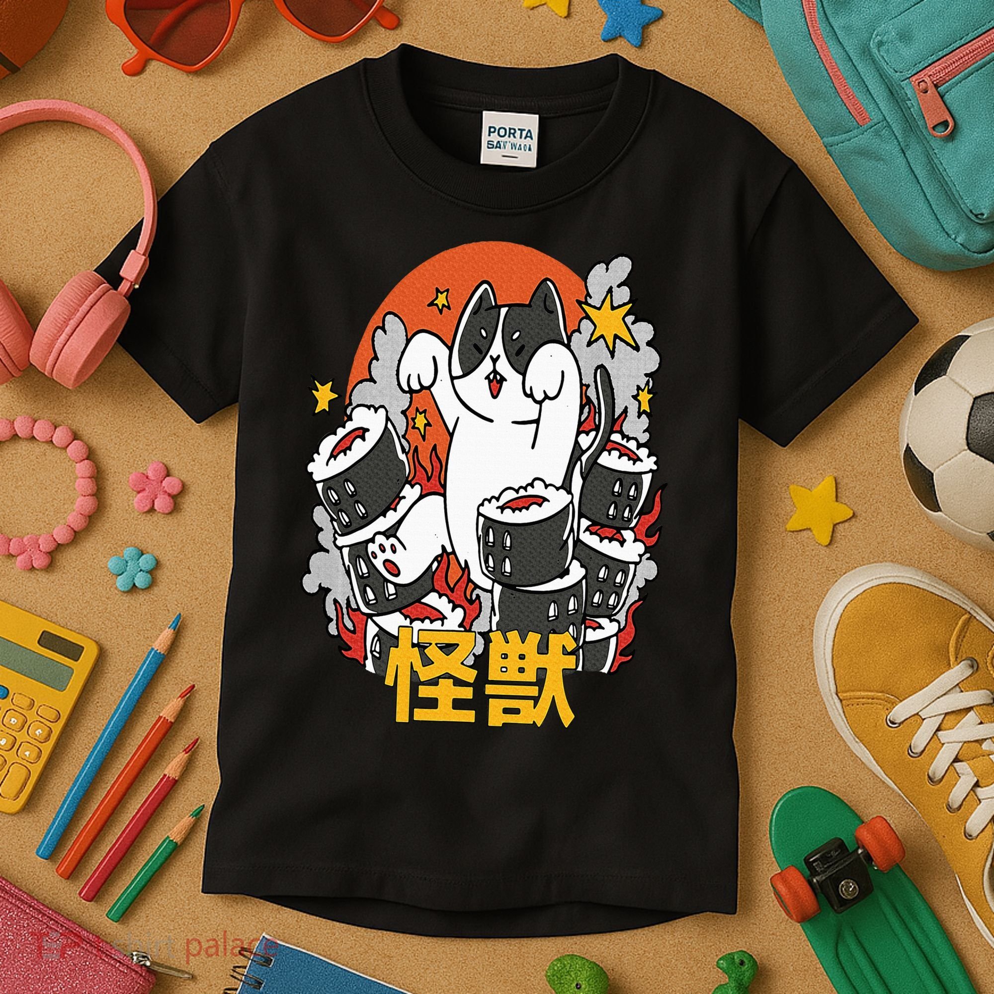 Catzilla Sunset Sushi Cat Japanese Kids T-Shirt