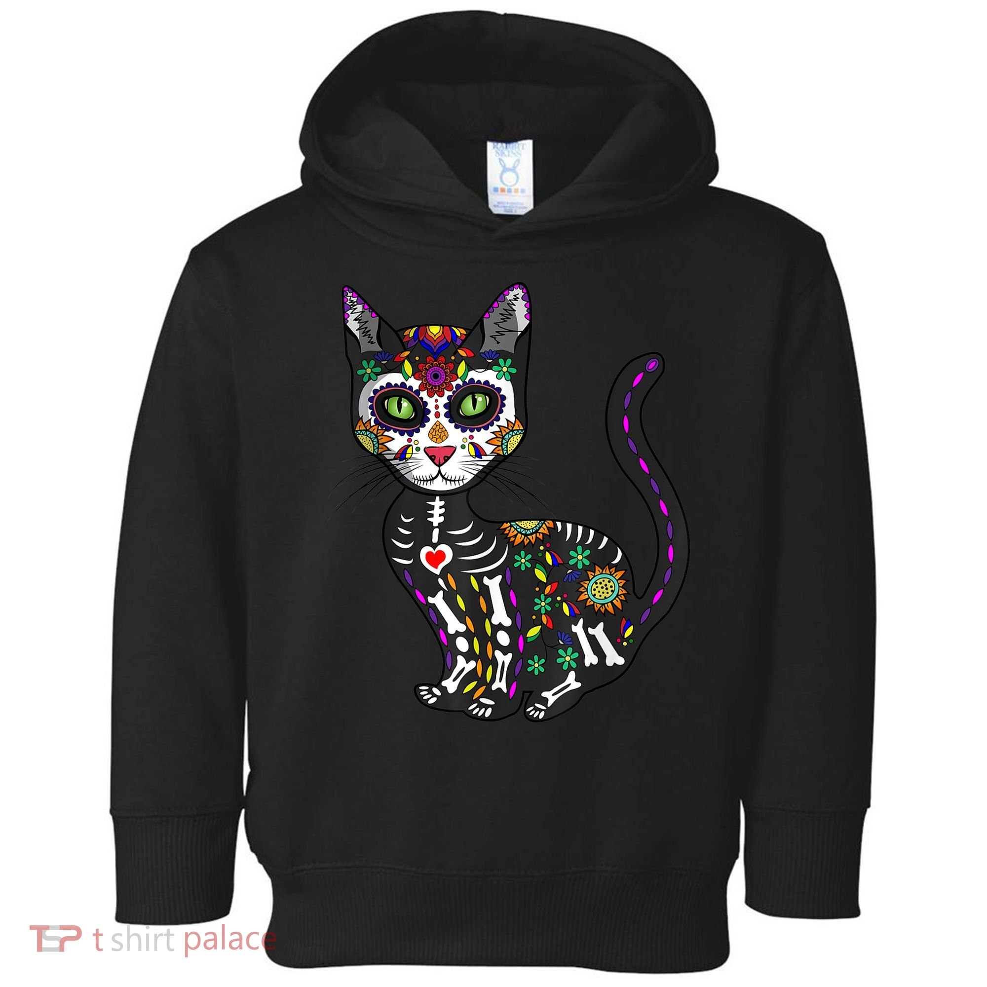 Cute Sugar Skull Mexican Cat Halloween Day Of The Dead Toddler Hoodie