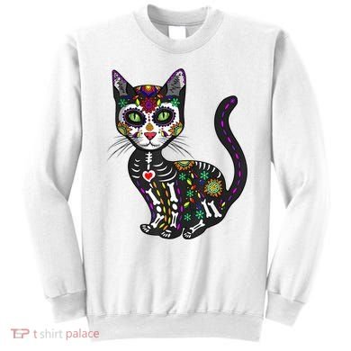 Cute Sugar Skull Mexican Cat Halloween Day Of The Dead Sweatshirt