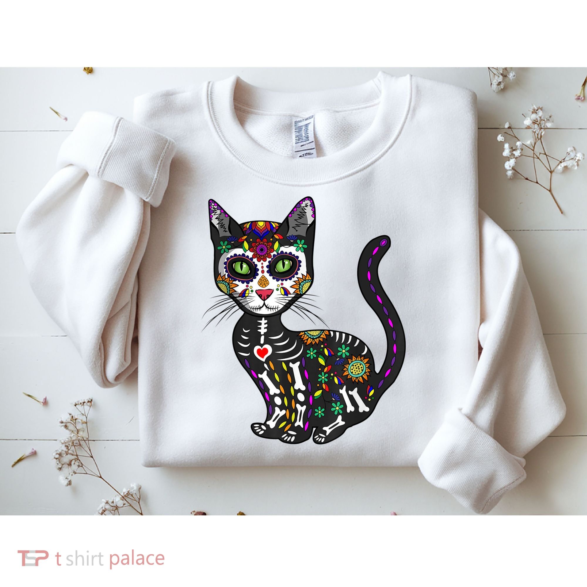 Cute Sugar Skull Mexican Cat Halloween Day Of The Dead Sweatshirt