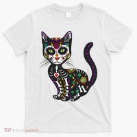 Cute Sugar Skull Mexican Cat Halloween Day Of The Dead T-Shirt thumb 0