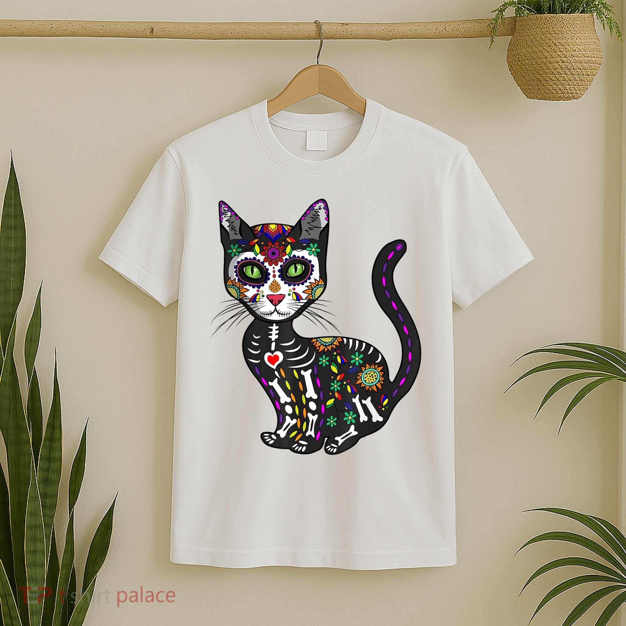 Cute Sugar Skull Mexican Cat Halloween Day Of The Dead T-Shirt