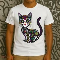 Cute Sugar Skull Mexican Cat Halloween Day Of The Dead T-Shirt thumb 3