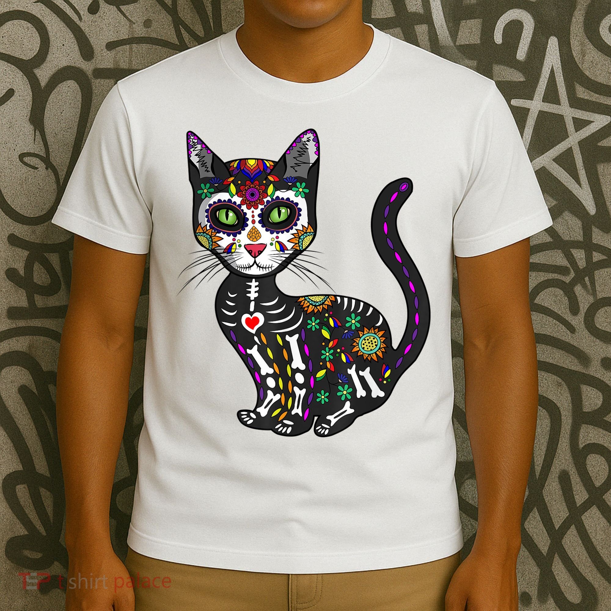Cute Sugar Skull Mexican Cat Halloween Day Of The Dead T-Shirt