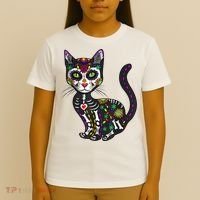 Cute Sugar Skull Mexican Cat Halloween Day Of The Dead T-Shirt thumb 4