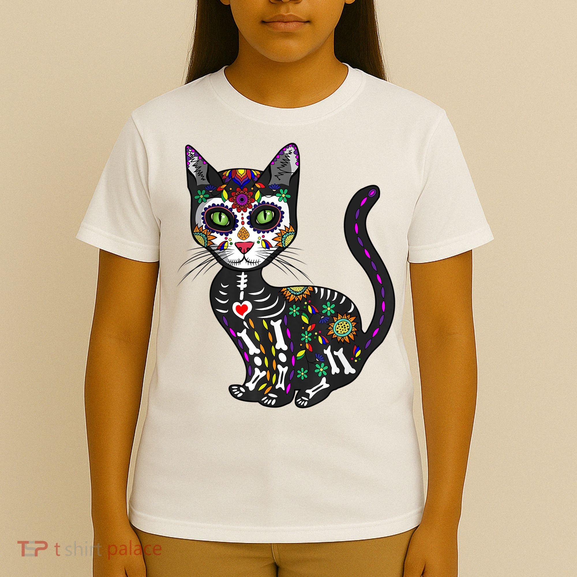 Cute Sugar Skull Mexican Cat Halloween Day Of The Dead T-Shirt