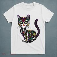 Cute Sugar Skull Mexican Cat Halloween Day Of The Dead T-Shirt thumb 5