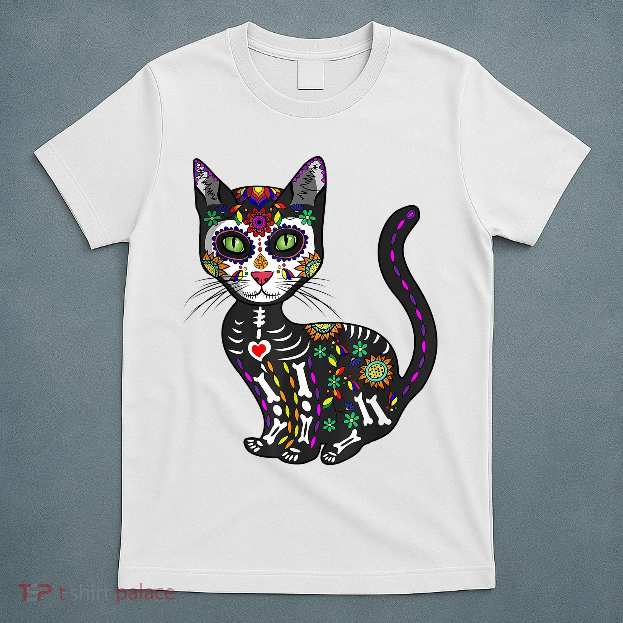 Cute Sugar Skull Mexican Cat Halloween Day Of The Dead T-Shirt