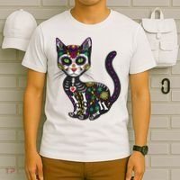 Cute Sugar Skull Mexican Cat Halloween Day Of The Dead T-Shirt thumb 6