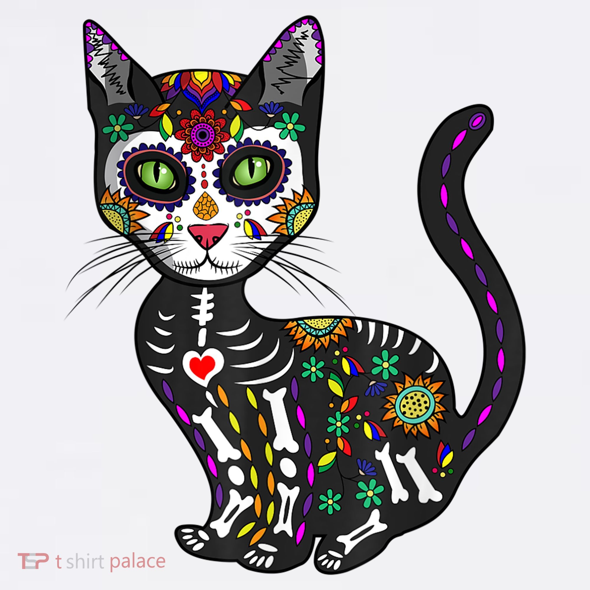 Cute Sugar Skull Mexican Cat Halloween Day Of The Dead T-Shirt