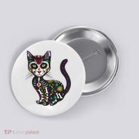 Cute Sugar Skull Mexican Cat Halloween Day Of The Dead Button thumb 0