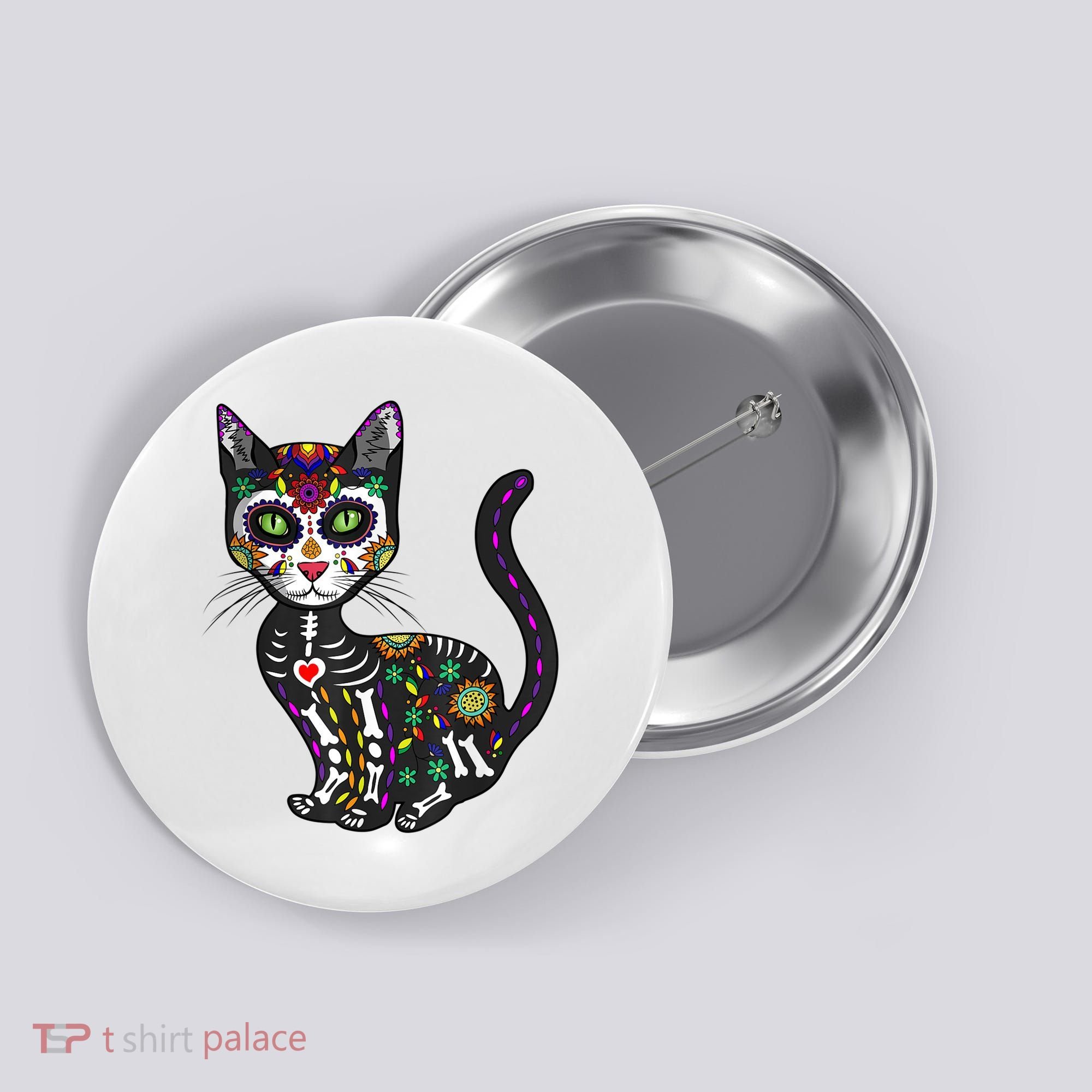 Cute Sugar Skull Mexican Cat Halloween Day Of The Dead Button