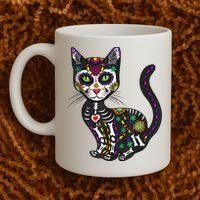 Cute Sugar Skull Mexican Cat Halloween Day Of The Dead Coffee Mug thumb 2