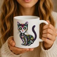 Cute Sugar Skull Mexican Cat Halloween Day Of The Dead Coffee Mug thumb 3