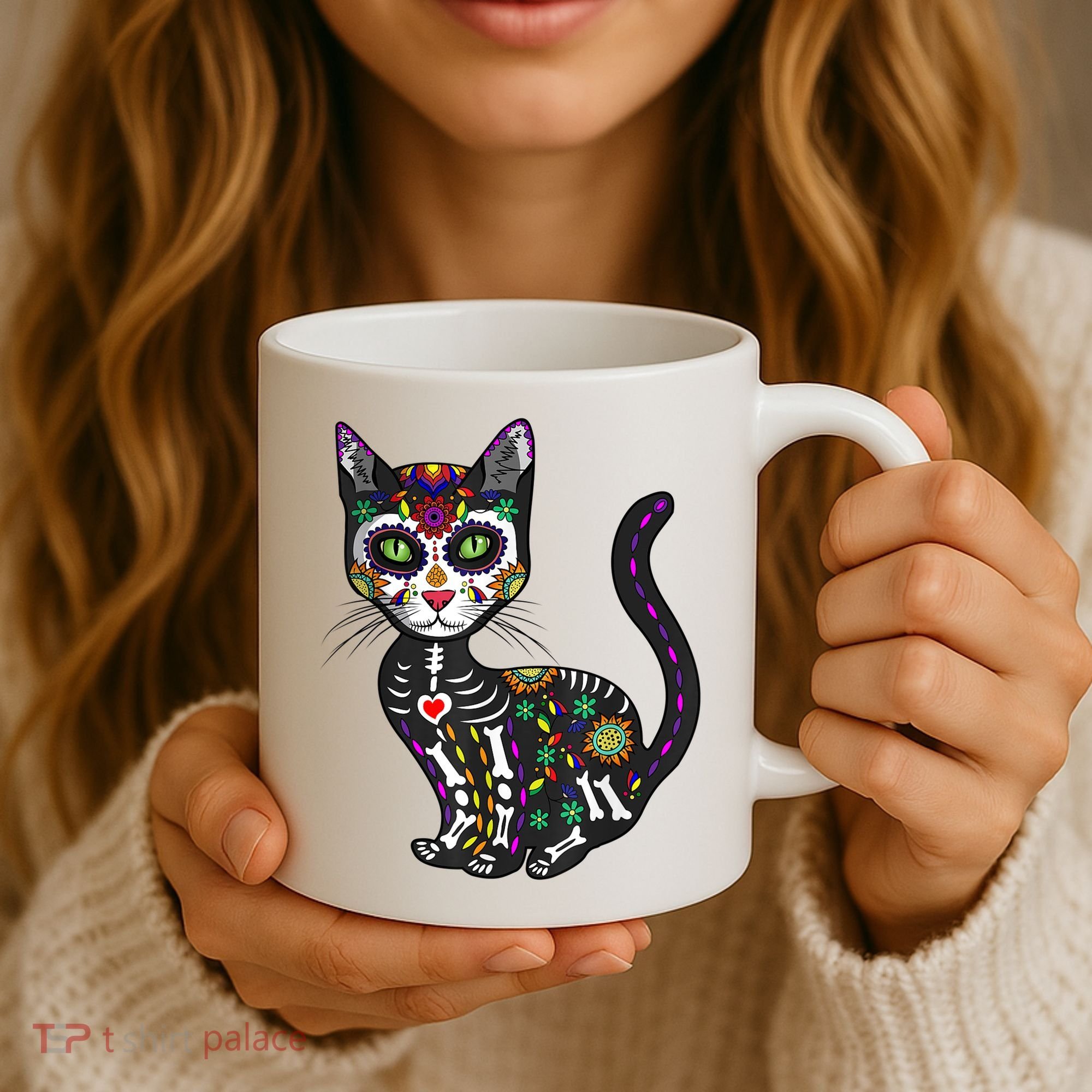 Cute Sugar Skull Mexican Cat Halloween Day Of The Dead Coffee Mug