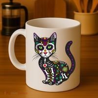 Cute Sugar Skull Mexican Cat Halloween Day Of The Dead Coffee Mug thumb 4