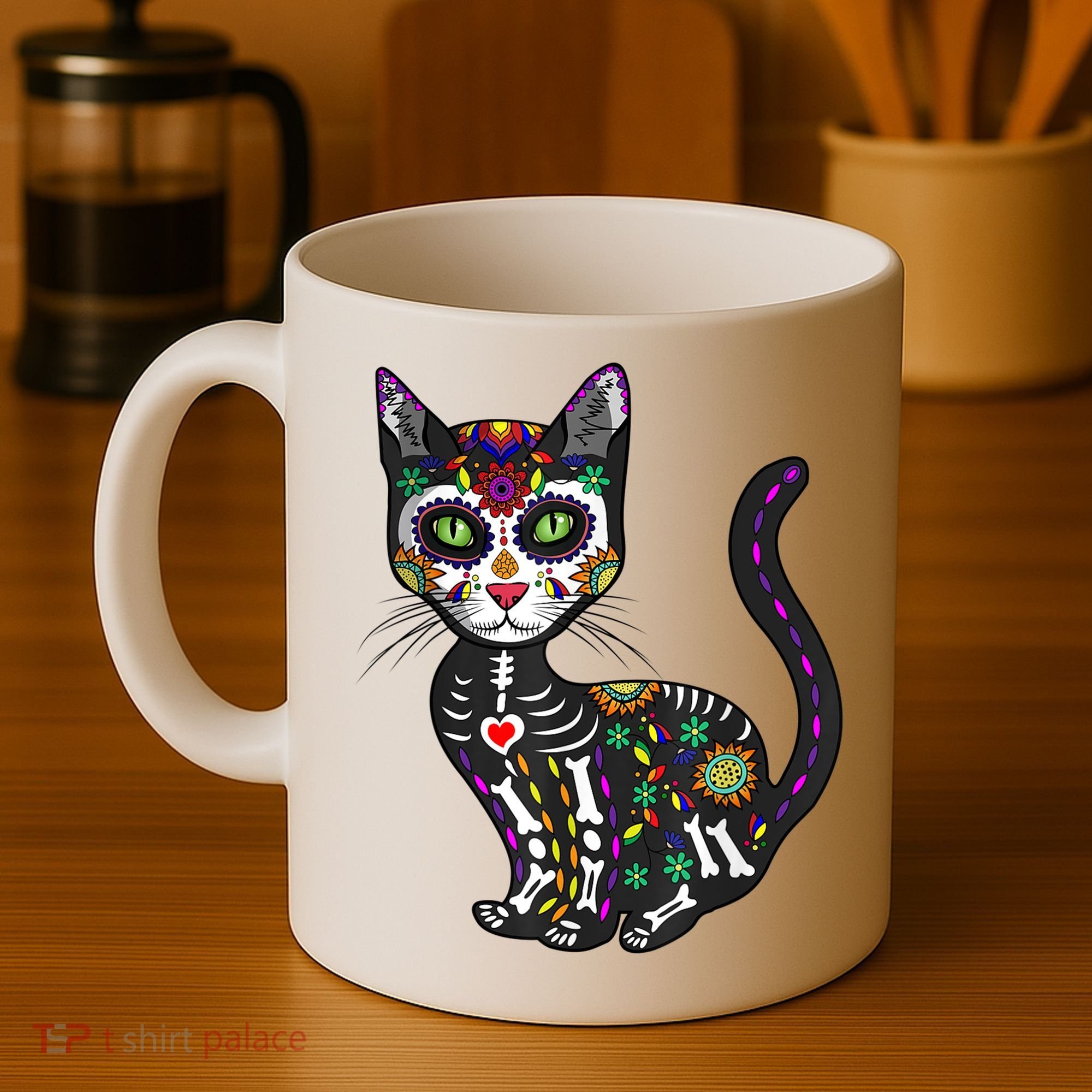 Cute Sugar Skull Mexican Cat Halloween Day Of The Dead Coffee Mug