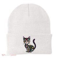 Cute Sugar Skull Mexican Cat Halloween Day Of The Dead Beanie thumb 0