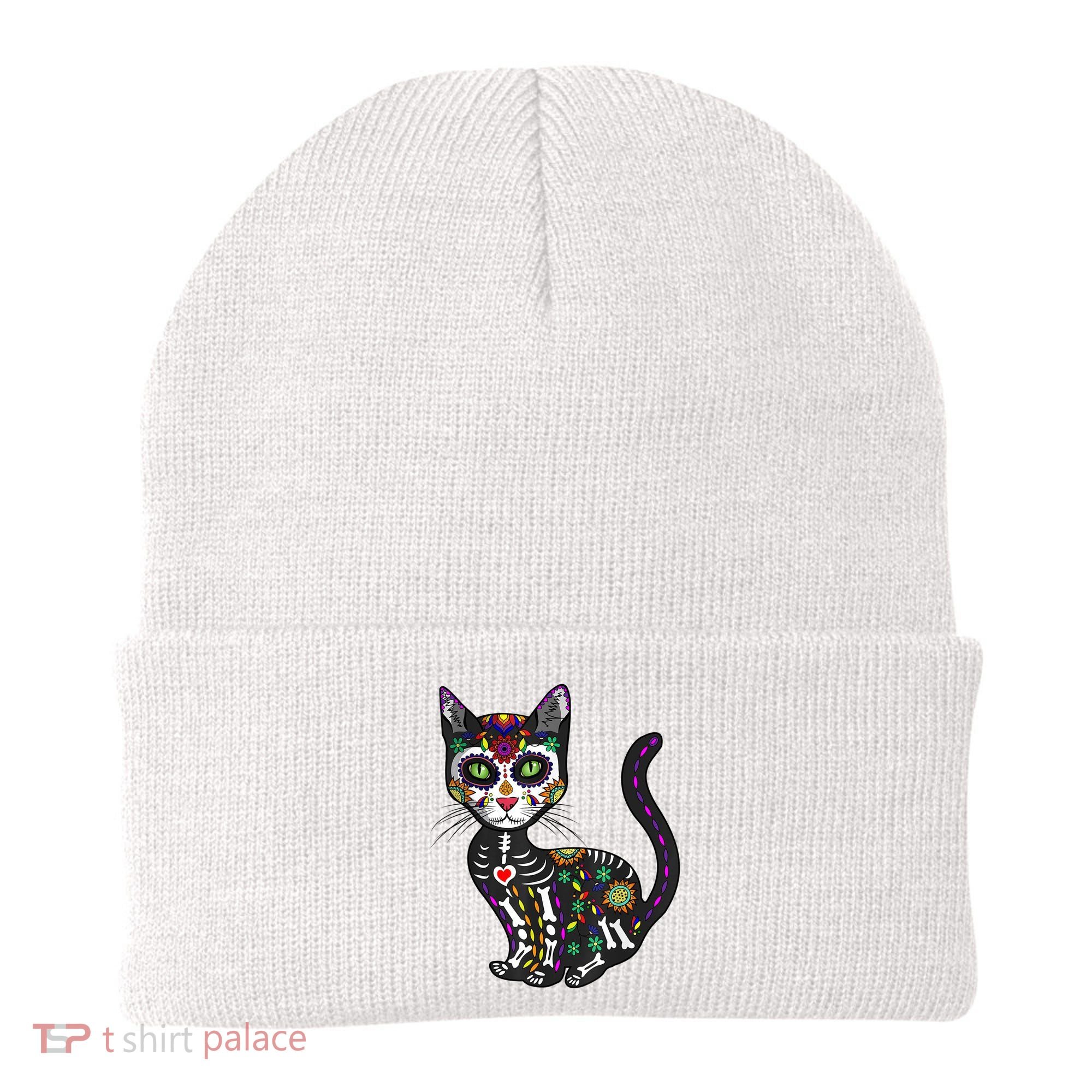 Cute Sugar Skull Mexican Cat Halloween Day Of The Dead Beanie